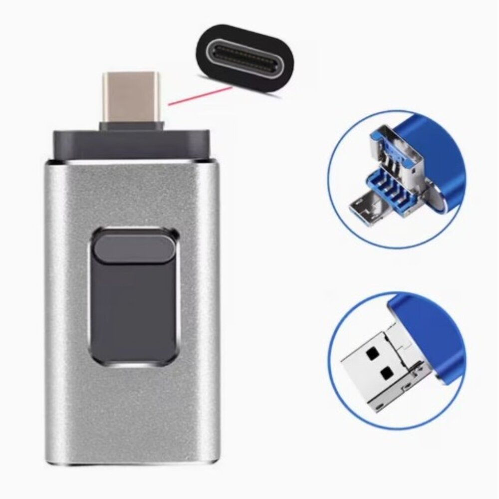 Gold USB B 64GB 4-in-1 Flash Drive for iPhone, Android, PC
